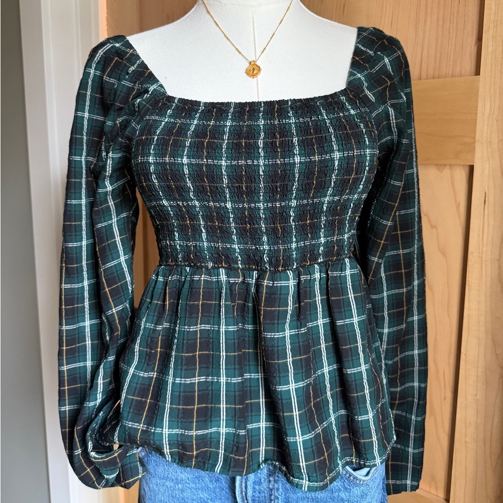 Old Navy Black and Green Plaid Smocked Blouse